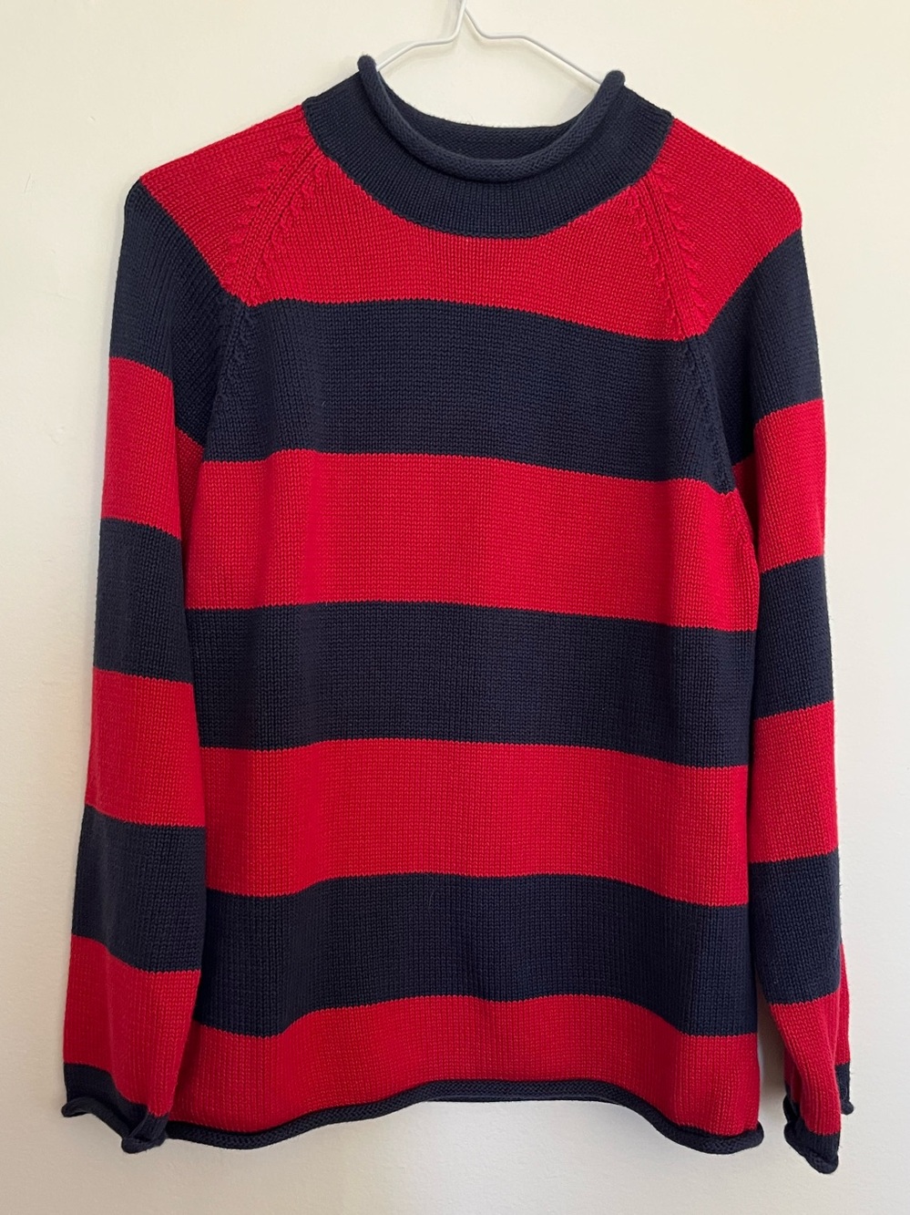 Lands' End Red and Navy Wide-Stripe Crewneck Sweater